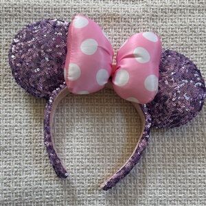 Purple Sequin Walt Disney World Official Minnie Mouse Ears w/ Pink Polka Dot Bow